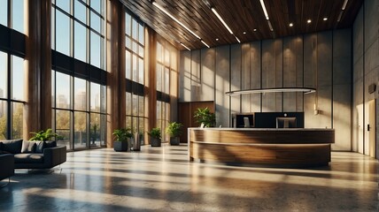 Reception area of a tech professional office space building with sunlight rays from Generative AI