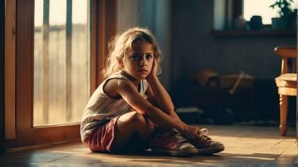 Unhappy young child kid girl sitting on the floor in corner of house from Generative AI