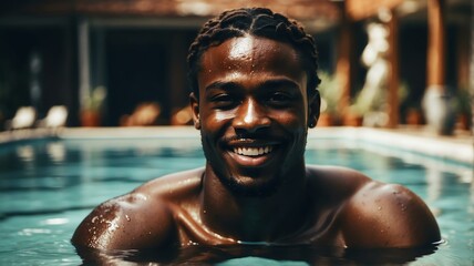 Young handsome black african man swimming in pool smiling at camera from Generative AI - obrazy, fototapety, plakaty