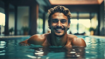 Young handsome caucasian man swimming in pool smiling at camera from Generative AI