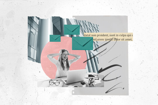 Collage portrait of stressed black white effect girl hands touch head letter mail envelope desk laptop book page text building