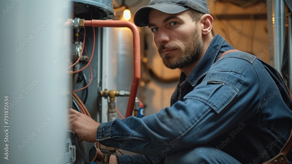 Poster a plumber fixing a water heater. generative ai.