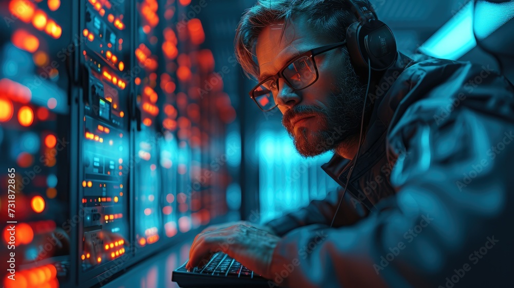Aufkleber a cyber hacker typing something on computer, looking confident, sitting in a desk, server room backg