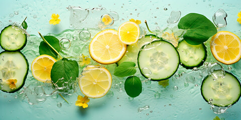 Sliced cucumbers and lemon with mint leaves float in the water. Freshness