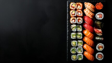 Sushi food. An assortment of rolls, maki, nigiri etc, overhead flat lay composition on a black background, Japanese restaurant menu