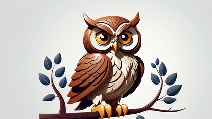 Detailed Illustration of a Brown Owl Perched on a Branch with Dark Leaves, Isolated on a Light Background