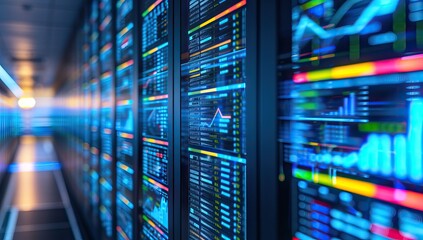 server room data center with array of stock market data on display.