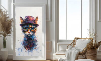Design a chic and stylish room image. Decorated with beautiful picture frames and paintings.