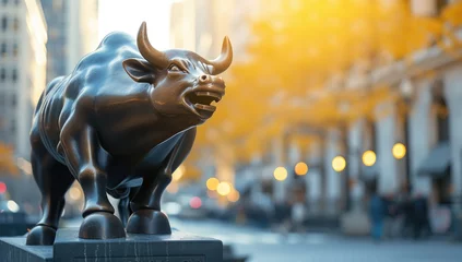 Deurstickers Bronze bull statue in city at sunset © Meow Creations