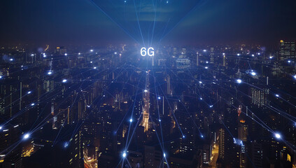 6G network illuminating a cityscape at night