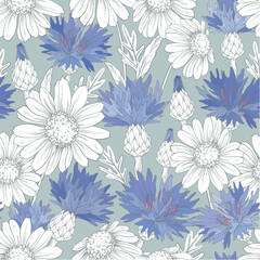 classic vintage pattern with cornflowers and daisies.