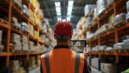 Rear view of warehouse worker using digital tablet in warehouse