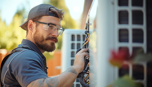 HVAC technician working on air conditioning outdoor unit at home. Generative AI.