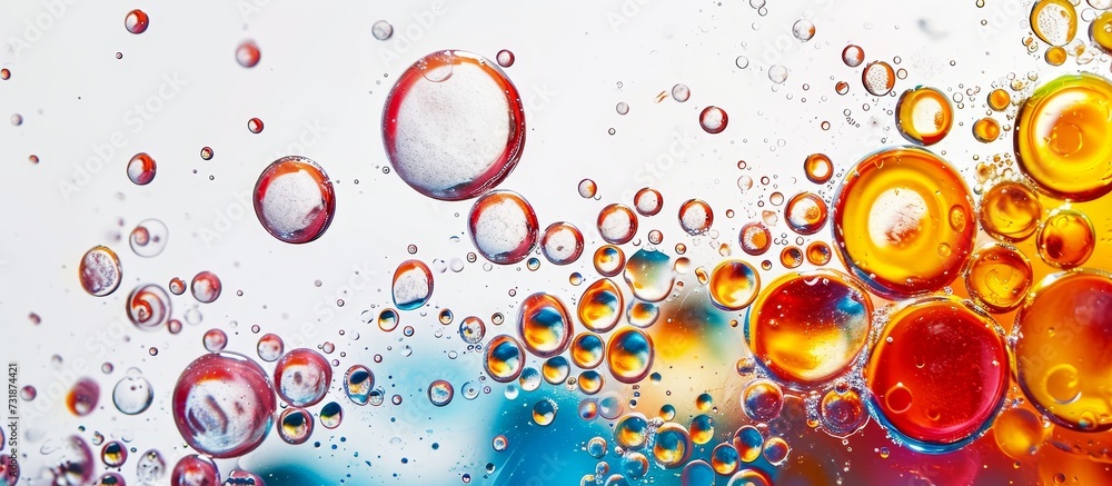 Poster water sparkles with an array of colorful bubbles, forming beautiful circles. this liquid art creates