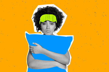 Collage of funny upset girl in nightwear hugging blue pillow dont like to wake up every morning the same isolated on orange background