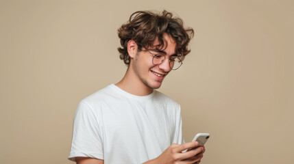 young man with curly hair wearing glasses and a white T-shirt, smiling while looking at his smartphone