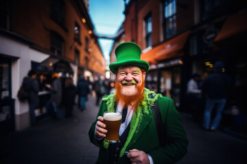 Joyful man toasting with beer on festive St. Patrick's Day - obrazy, fototapety, plakaty