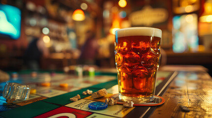Cinematic wide angle photograph of a beer pint glass on a monopoly game table. Product photography. Advertising. - obrazy, fototapety, plakaty