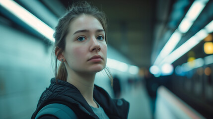 Portrait of a Woman Standing Alone in a Busy Subway Station