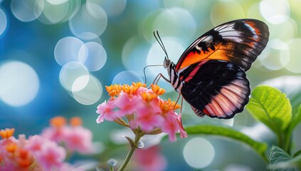Fototapeta na wymiar Butterfly on the flower in the garden with bokeh background