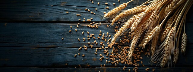 ears of wheat and grain on dark wooden background