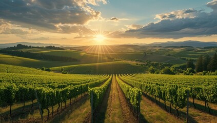Breathtaking view of a lush vineyard bathed in the golden hues of sunset - obrazy, fototapety, plakaty