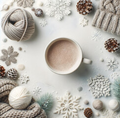 Fototapeta na wymiar Serene Winter Flatlay with Knitted Scarf, Pine Cones, and Hot Chocolate, Perfect for Festive Marketing