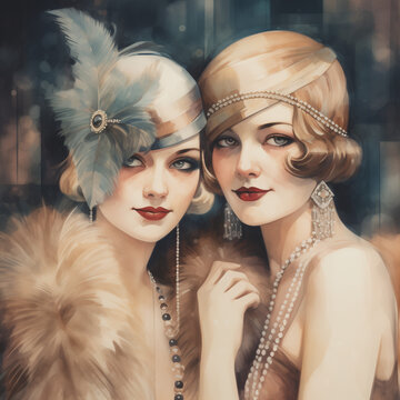 digital painting of two beautiful flapper women in the 1920s