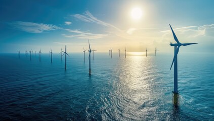 An image of windturbines in the sea at sunset.