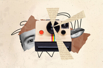 Collage picture of happy person using vintage camera professional obsolete cam isolated on creative...