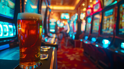 Cinematic wide angle photograph of a beer pint glass in a casino slot machines. Product photography. Advertising. - obrazy, fototapety, plakaty