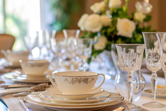 Elegant Dining Table Setup with Fine China, Fine china tea set perfectly arranged on an elegant dining table, complemented by crystal glassware and fresh white roses.