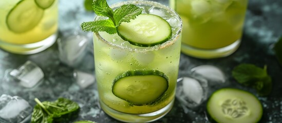 A close-up image showcasing three refreshing drinks with cucumber and mint ingredients on a table, perfect for your next food and drink craving.