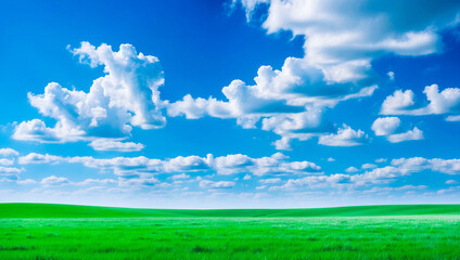 Fototapeta premium meadow, grassland, landscape,agriculture,lawn, field, sky, cloud, flower, nature, spring,Background image of a vast green field under a bright blue sky. bright green grass Receives light well The ba