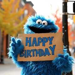 Cookie Monster holding Happy birthday poster.
