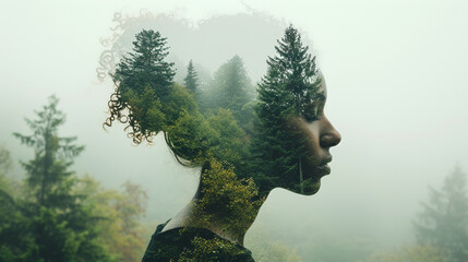 Ethereal fusion: Woman's silhouette intertwines with a mystical forest, a captivating double exposure capturing nature and femininity in harmonious coexistence.