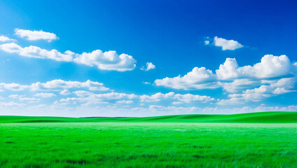 Fototapeta premium meadow, grassland, landscape,agriculture,lawn, field, sky, cloud, flower, nature, spring,Background image of a vast green field under a bright blue sky. bright green grass Receives light well The ba