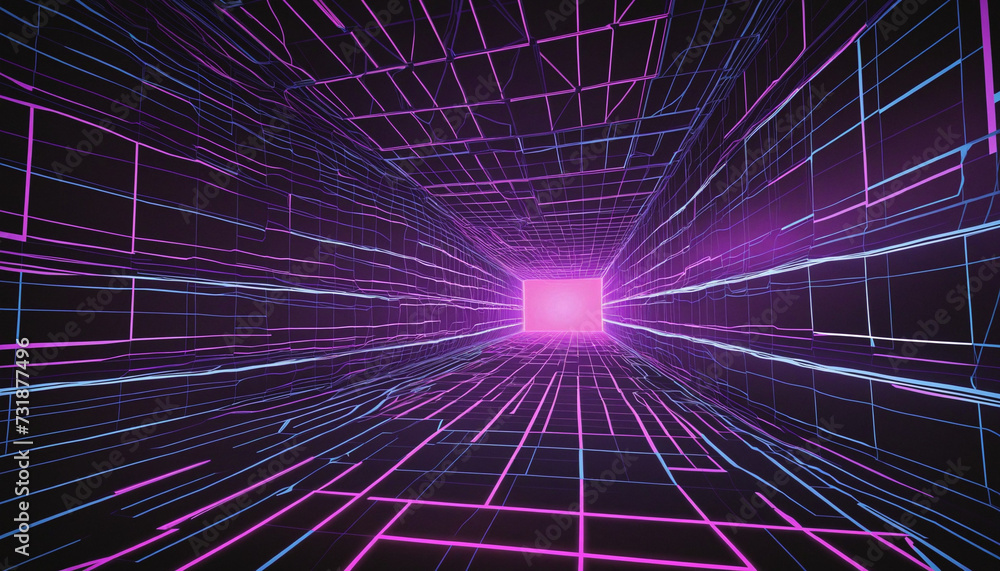 Wall mural synthwave wireframe net illustration. abstract digital background. 80s, 90s retro futurism, retro wa
