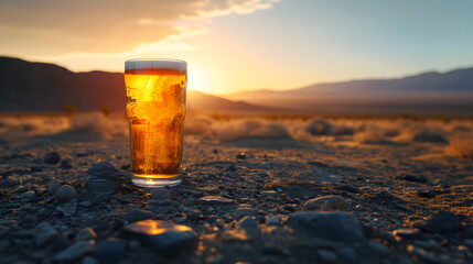 Cinematic wide angle photograph of a beer pint glass in a desert. Product photography. Advertising. - obrazy, fototapety, plakaty