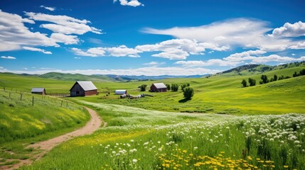 Fototapeta na wymiar Picturesque green hills with barns and clear summer sky