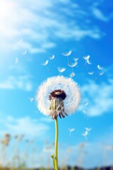Dandelion seeds dispersing in the wind on blue sky