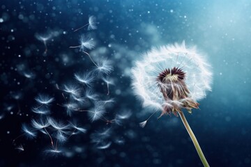 Whimsical dandelion with seeds scattering in the breeze