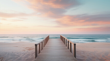 Serene beach boardwalk with pastel sunset skies