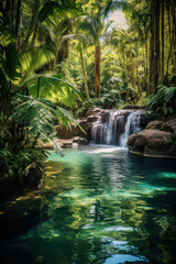 Sunlit tropical waterfall with clear blue water in jungle