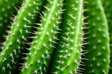 Green cactus texture with sharp spines close up detail