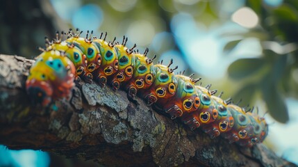 Obraz na płótnie Canvas A beautiful colorful caterpillar, hanging on a tree, wild photography