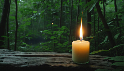 Relaxation in nature candle flame, tranquil scene, green forest  - obrazy, fototapety, plakaty