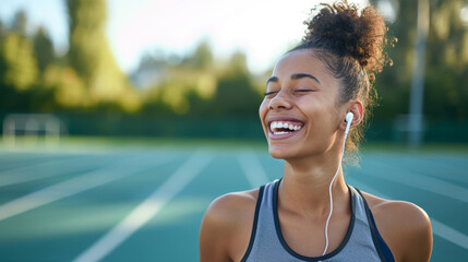 A radiant young woman is laughing with earphones in, enjoying a break during her workout on a sunny...