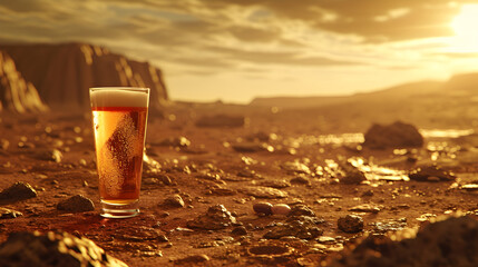 Cinematic wide angle photograph of a beer pint glass in mars. Product photography. Advertising. - obrazy, fototapety, plakaty