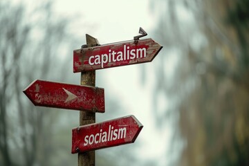 concept of socialism and capitalism, signs that mark different directions - obrazy, fototapety, plakaty